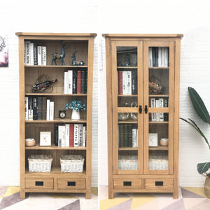 ETHAN Nordic Solid Oak Wood Large Glass Display Cabinet Bookshelf
